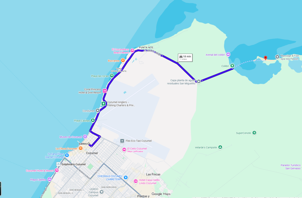 Mapa de Cozumel para llegar a isla Pasión