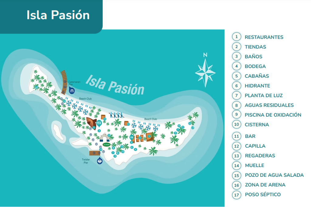 Mapa de las instalaciones de la  Isla Pasión Cozumel