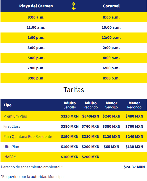 Imagen de la tabla de precios del Ferry ultramar a Cozumel