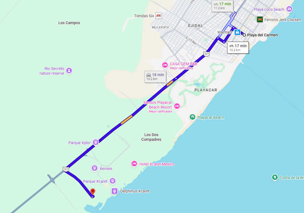 Mapa para llegar a Calica Imagen del mapa para ilustrar dónde se toma el ferry para ir a Cozumel
