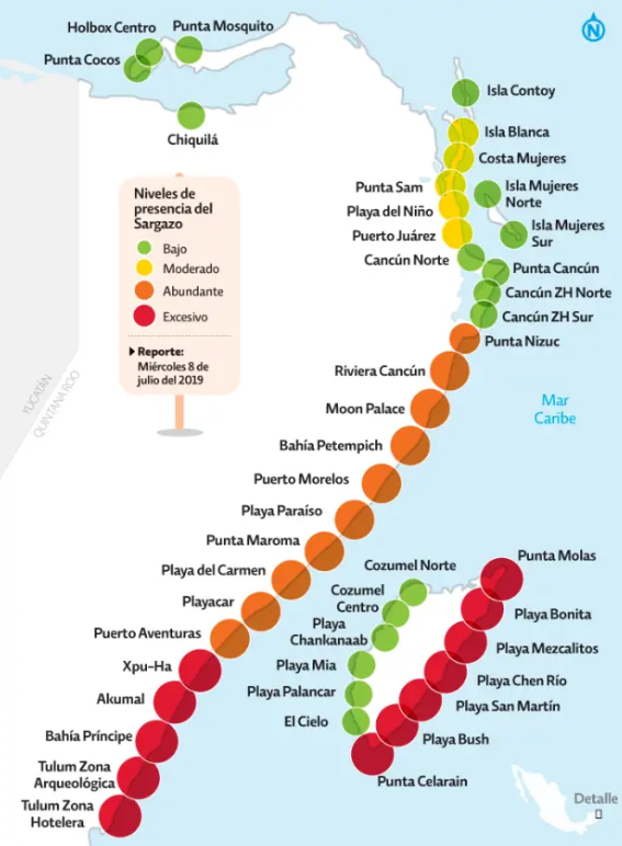 Mapa que muestra las zonas vulnerables al sargazo en la Riviera Maya