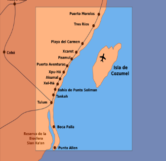 ¿Cozumel es parte de la Riviera Maya? 1 Mapa de la costa del Caribe Mexicano para responder si ¿Cozumel es parte de la Riviera Maya?