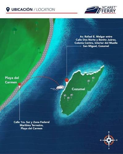 Ilustración para mostrar la ubicación de los ferrys a Cozumel