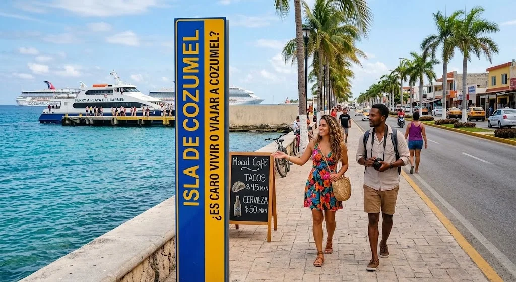 Una pareja caminando por el malecón de Cozumel para ilustrar si es caro vivir o viajar a Cozumel